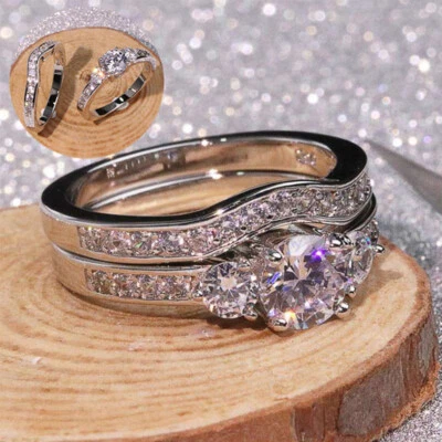 Anillos de plata 925 de moda talla 5-10 para mujer circonita cúbica joyería regalos 2 piezas/juego Foto 1 de 4