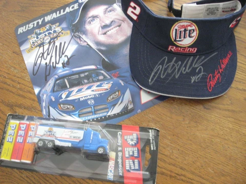 Rusty Wallace autoggraphed visor & post card with #2 pez transporter Cover