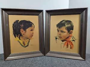 Vintage Bettina Steinke Porträt Druck Paar - Taos Indianer Junge & Mädchen 19" x 15" - Bild 1 von 11