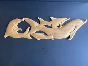 Four Dolphin Pod Hand Carved Wood Wall Hanging Sculpture 25”X 7” Decor - Picture 1 of 6