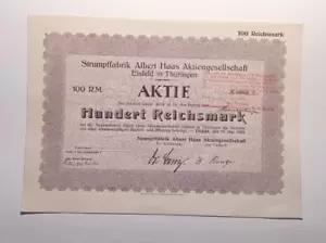 Aktie 100 R.M. Strumpffabrik Albert Haas Aktiengesellschaft Eisfeld in Thüringen - Bild 1 von 2