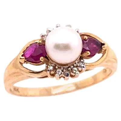 14 Karat Yellow Gold Pearl Solitaire Ring with Ruby and Diamond Accents 101-1012 - Image 1 of 4