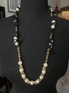J.Crew New Vintage Black Ribbon Cream FauxPearl Rhinestone Goldtone tie necklace - Picture 1 of 13