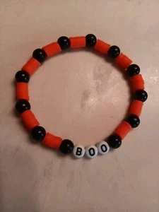 Halloween Boo Orange Schwarz Ton Armband Handarbeit 9" Dehnbar  - Bild 1 von 2