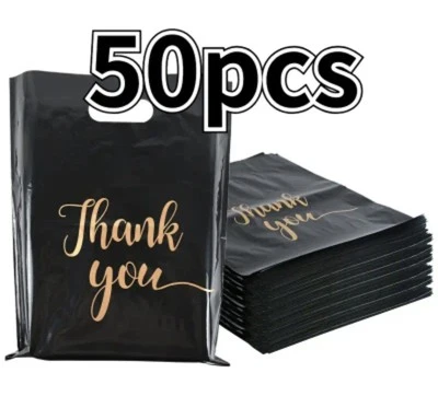 50 Plastic Black Thank You Gift Bags/Carrier Bag Party UK Seller 🇬🇧