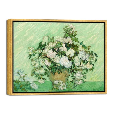 Framed Wall Art of Vase with Pink Roses by Van Gogh Paintings Bronze Gold Frame - Image 1 of 4