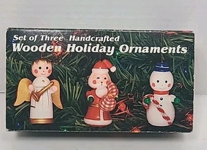 Vtg Handcrafted Wood Christmas Ornaments Set Of 3 1987 W/box - Picture 1 of 7