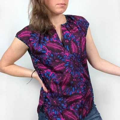 J Crew Midnight Floral Cocoon Silk Blouse Shirt Womens 2 Tall Purple Cap Sleeve - Image 1 of 4