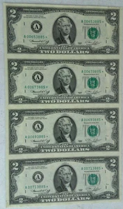 1976 UNCUT SHEET OF 4 $2 TWO DOLLAR STAR  NOTES Boston A00653885* - Picture 1 of 3