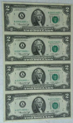 1976 UNCUT SHEET OF 4 $2 TWO DOLLAR STAR  NOTES Boston A00653885* - Image 1 of 3