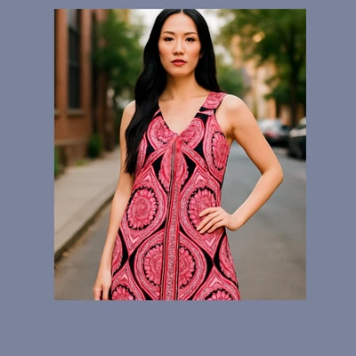 Vestido London Times Mujer 12 Rosa Negro Medallón Carrera Boho Elastizado Foto 1 de 4