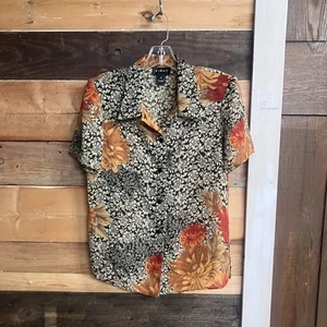 VIRGO, Black & Orange Floral Chiffon Short Sleeve Button Blouse Top; Size 10 - Picture 1 of 11