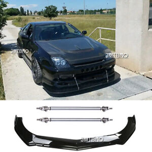 Gloss Black For Honda Prelude Front Bumper Chin Lip Spoiler Splitter+ Strut Rods