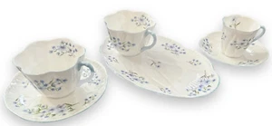 Shelley Bone China Dainty BLUE ROCK  3 Sets: Oval Snack Plate, Teacup, Demitasse - Picture 1 of 24