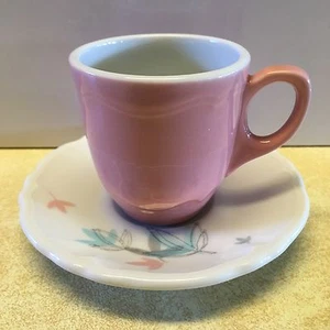 Vtg Shenango China Demitasse Pink Demi Cup White Saucer Leaf Pattern Sho93 USA - Picture 1 of 12