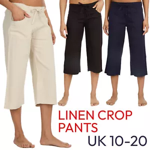 Ladies Linen 3/4 Length Pants Summer Cropped Bottoms Beach Capri Trousers 10-20 - Picture 1 of 19