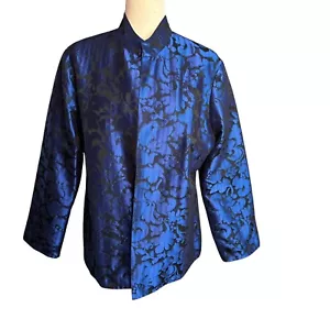 Chico's Size 2, LARGE Open Front Blue Brocade Blue Black Jacket Blazer - Picture 1 of 6