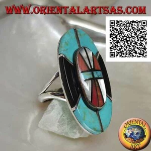 Anello in Argento 925‰scudo nativo d'America con turchese,onice,madreperla,coral - Imagen 1 de 2