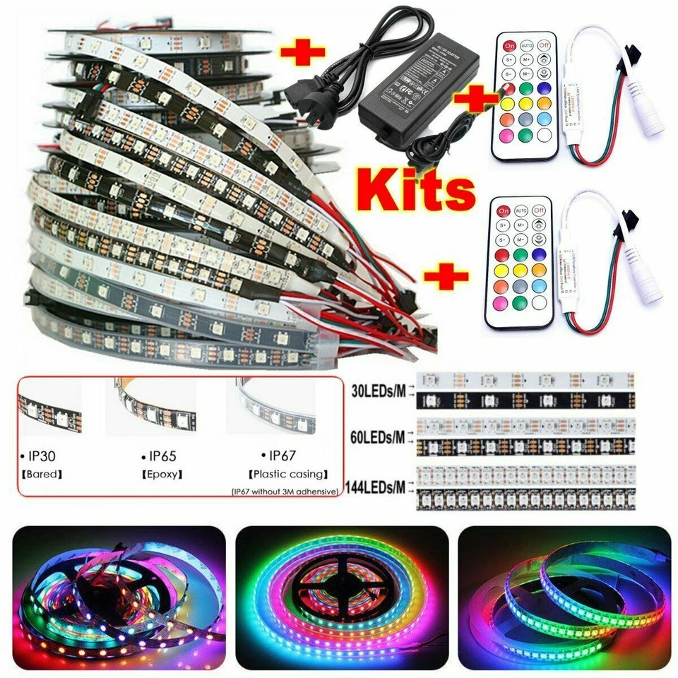 DC5V WS2812B LED Strip Lights Power Remote Kit 30/60/144 LEDs 5050 Dream Coloor - Image 1 of 4