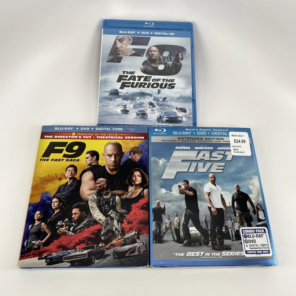 F9: The Fast Saga - F8: The Fate of the Furious & Fast Five Blu-ray/DVD Lot NEW - Image 1 of 4