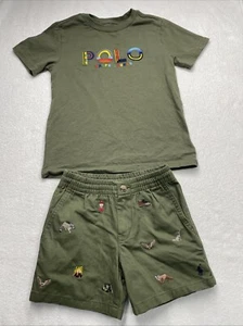 Polo Ralph Lauren Boys Olive Green Multicolored Logos-Shirt & Short Set Size 5 - Picture 1 of 5