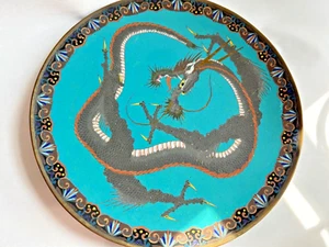 antique Japanese cloisonne enamel DRAGON PLATE vtg old Japan meiji charger metal - Picture 1 of 14