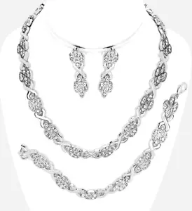 SILVER HIGH QUALITY "3 PC" CLEAR PAVE CRYSTAL FASHION NECKLACE JEWELRY SET* - Picture 1 of 3