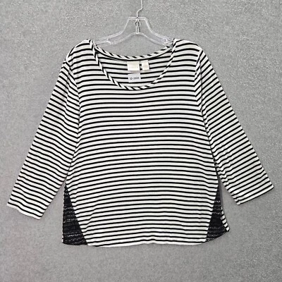 Chicos Mujer Top 2 Blanco Rayas Negro Detalle Encaje Camisa Cuello Redondo Foto 1 de 4