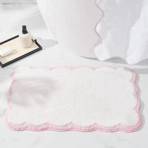 Cute Scalloped Bathroom Rugs Microfiber Tufted Bath Mats Fun White and Pink B... - Picture 1 of 4