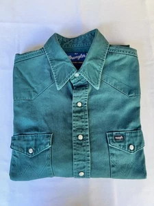 Vintage Wrangler Western Green Pearl Snap Canvas Short Sleeve XLT Long Tail - Picture 1 of 7