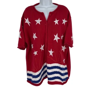 Quaker Factory Womens Short Sleeve Red Stars Stripes Embroidered Cardigan Sz 2X - Image 1 of 4