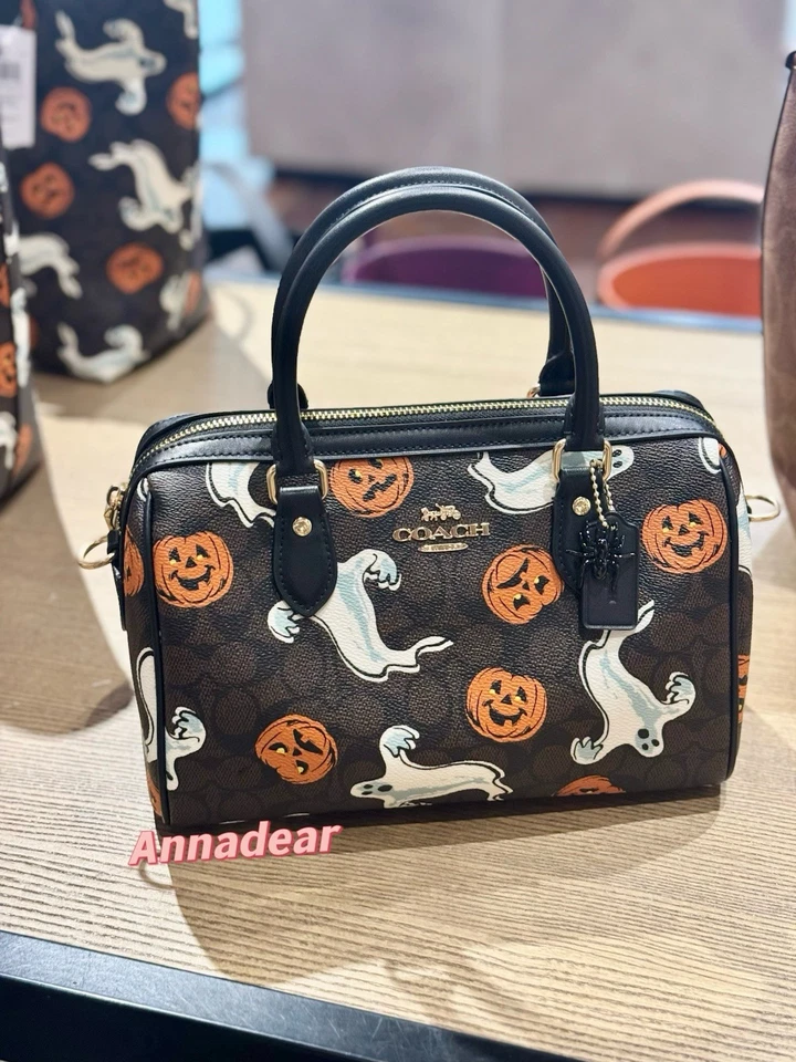 Coach CCE73 Rowan Satchel Bag Signature Canvas Halloween Print Walnut 2025