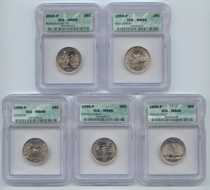 1999-2000-P State Quarter, All ICG MS-66, CT, PA, GA, NJ, MA - Picture 1 of 2