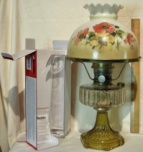 1934 ALADDIN CORINTHIAN CLEAR/AMBER GLASS OIL LAMP PAINTED MG SHADE NIB CHIMNEY - Picture 1 of 13