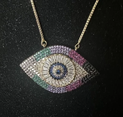 "Collar Ojo de Protección Cristales y Cadena Caja Tono Dorado 46""" Foto 1 de 4