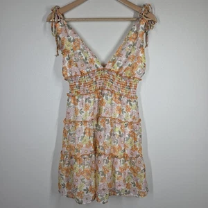 Pants Store Orange Pink Floral Sleeveless Tie Sleeve Mini Dress Tiered Medium - Picture 1 of 9