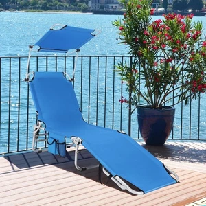 Foldable Lounge Chair Outdoor Adjustable Beach Pool Recliner W/Canopy Shade Blue - Picture 1 of 3