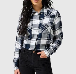 Wrangler Western Shirt Women's Small Plaid Viscose Pearl Snap Long Sleeve Navy - Picture 1 of 5