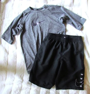 Boys NIKE Black Swim Trunks Shorts & Gray Rash Guard Set Lot Size Large 14-16 - Image 1 of 4