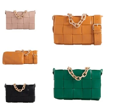 FASHIONATORS Damen geflochten gepolstert Leder Umhängetasche Qualitiert Kette Abend Handtasche Tasche