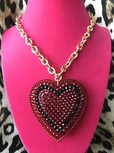 Luly Lu "Salem" Vintage HUGE Dark Red Black Gold Lucite Heart Swarovski Necklace - Picture 1 of 8