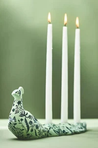 Anthropologie Peacock Taper Candle Holder Stoneware Green Floral Festive NEW - Picture 1 of 4