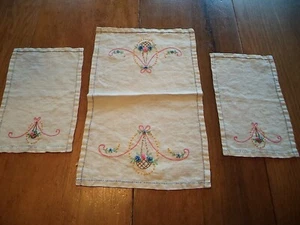 3 Vintage old Hand Embroidered Dresser Scarf antique floral basket off white - Picture 1 of 18