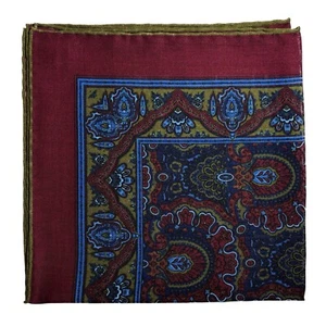 Burgundy & Olive Medallion Wool/Silk Pocket Square (Hand-Rolled in England) - Picture 1 of 8