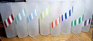 VINTAGE RETRO FROSTED COLORED STRIPES HIGH BALL GLASSES SET OF 8 - Picture 1 of 6