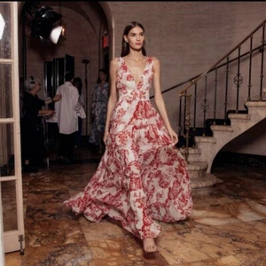 Oscar de la Renta 2019 Runway Red & White Toile Silk Maxi Dress US Size 4 - Picture 1 of 16