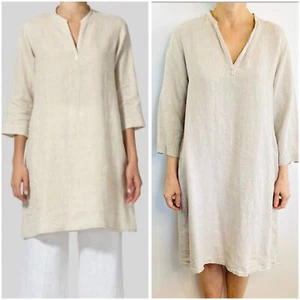 Vivid Size M (US) 14-16 Aus Wheat Linen V Neck Shift Dress Designer - Picture 1 of 24
