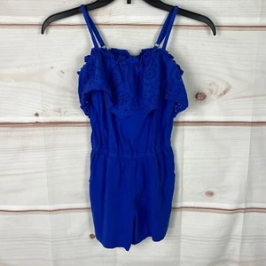 Cat & Jack Romper Girls M Blue Crochet Trim Cotton Knit Spaghetti Strap Pockets - Picture 1 of 7