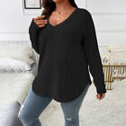 Plus Size 20-28 Womens Ribbed Long Sleeve T-Shirt Tops Ladies V-Neck Pullover Us