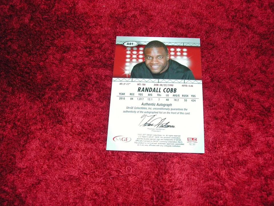 2011 SAGE #A8 Jets/X Packer Randall Cobb autographed ROOKIE Card Mint - Image 1 of 2